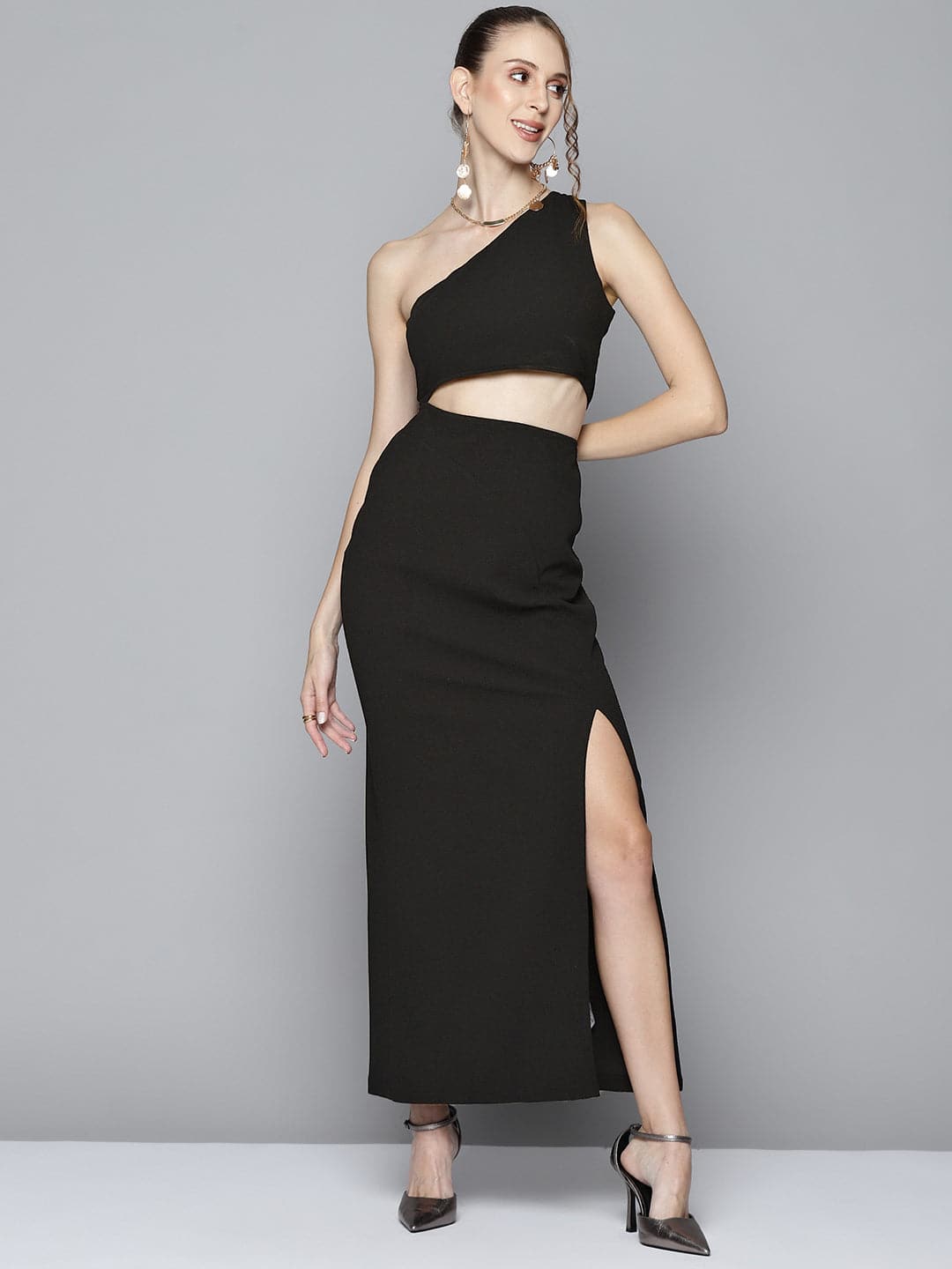 Women Black One Shoulder Maxi Dress-Dress-SASSAFRAS
