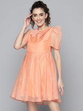 Women Peach Embroidered Collar Pleated Organza Dress-Dress-SASSAFRAS