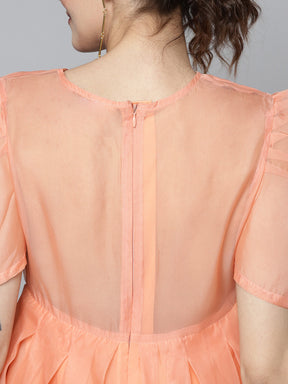 Women Peach Embroidered Collar Pleated Organza Dress