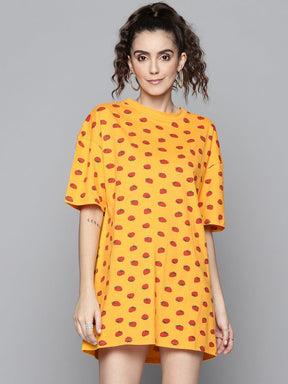 Women Mustard Strawberry T-Shirt Dress-Dress-SASSAFRAS