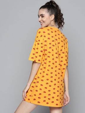 Women Mustard Strawberry T-Shirt Dress