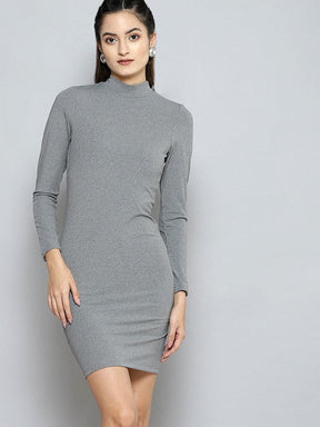 Women Grey Rib High Neck Short Bodycon Dress-Dress-SASSAFRAS