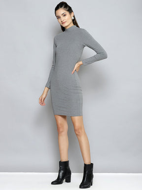 Women Grey Rib High Neck Short Bodycon Dress