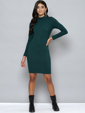 Women Emerald Rib High Neck Short Bodycon Dress-Dress-SASSAFRAS