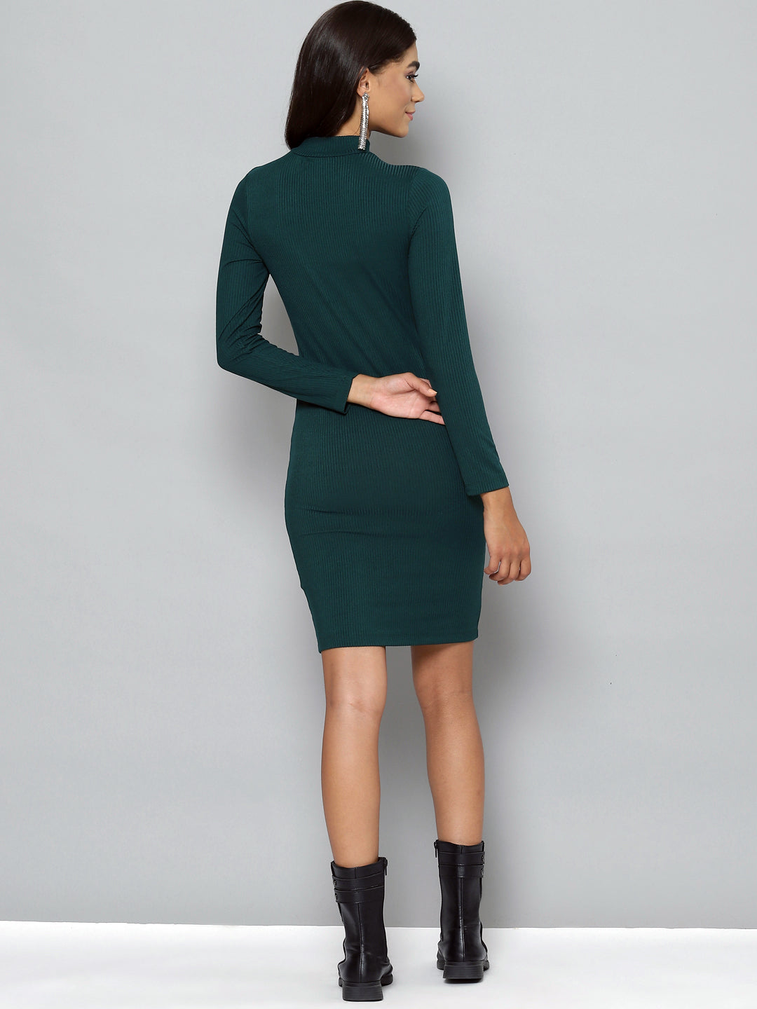 Women Emerald Rib High Neck Short Bodycon Dress
