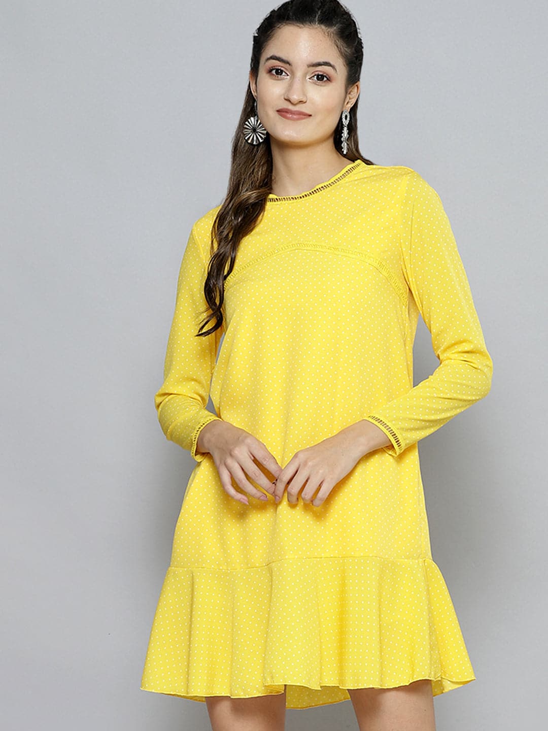 Women Yellow Pin Dot Frill Hem Dress-Dress-SASSAFRAS