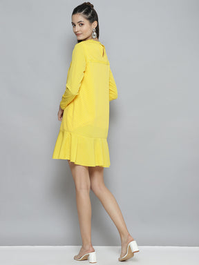 Women Yellow Pin Dot Frill Hem Dress