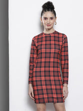 Red Check Knit High Neck Bodycon Dress-SASSAFRAS