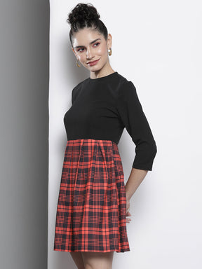 Women Red Check Knit Pleated Skater Dress