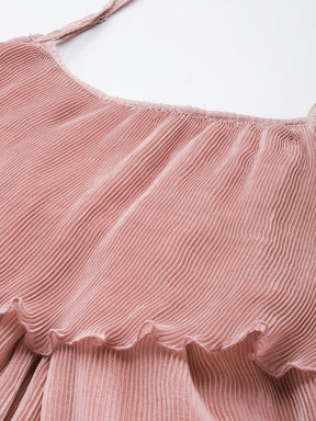 Women Pink Pleated Chinon Frill Dress