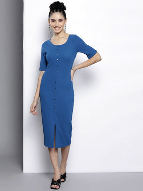 Blue Front Button Bodycon Dress-SASSAFRAS