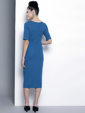 Women Blue Front Button Bodycon Dress
