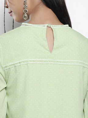Women Green Pin Dot Frill Hem Dress