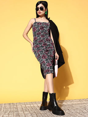 Grey Floral Ruched Mesh Net Midi Dress-SASSAFRAS
