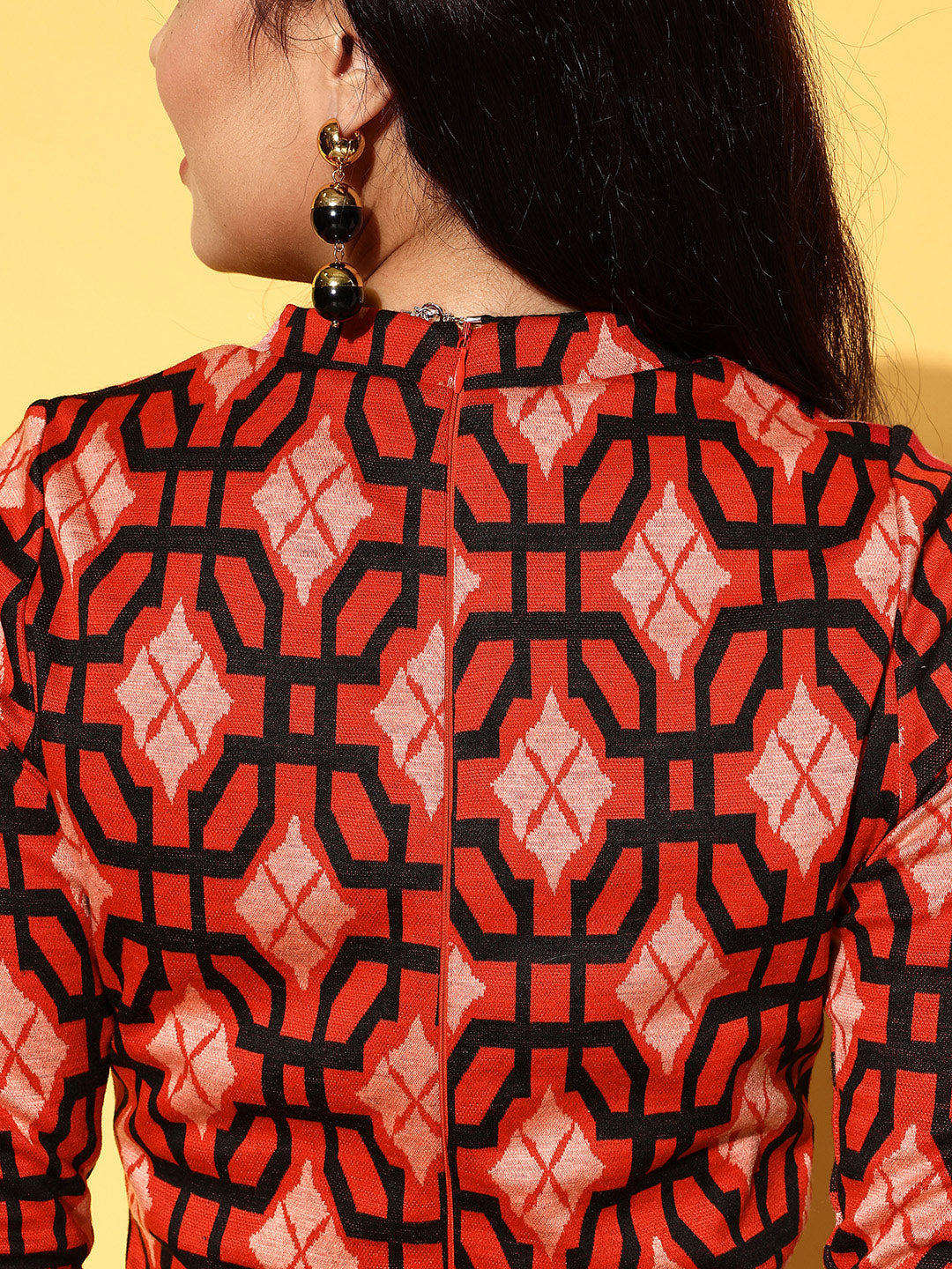 Women Red Geometric Knit Bodycon Dress