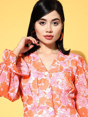 Women Orange & Pink Floral Front Button Dress