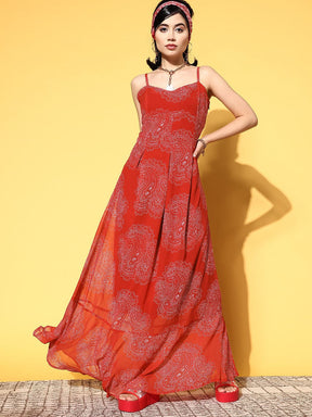 Red Paisley Box Pleat Strappy Maxi Dress-SASSAFRAS