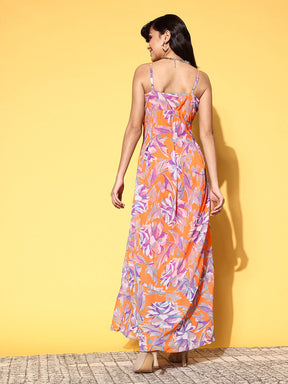 Women Orange & Purple Floral Box Pleat Strappy Maxi Dress