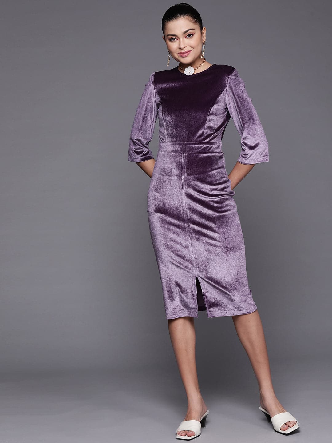 Purple Velvet Front Slit Bodycon Midi Dress-SASSAFRAS