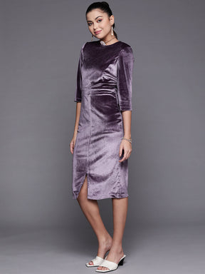 Women Purple Velvet Front Slit Bodycon Midi Dress