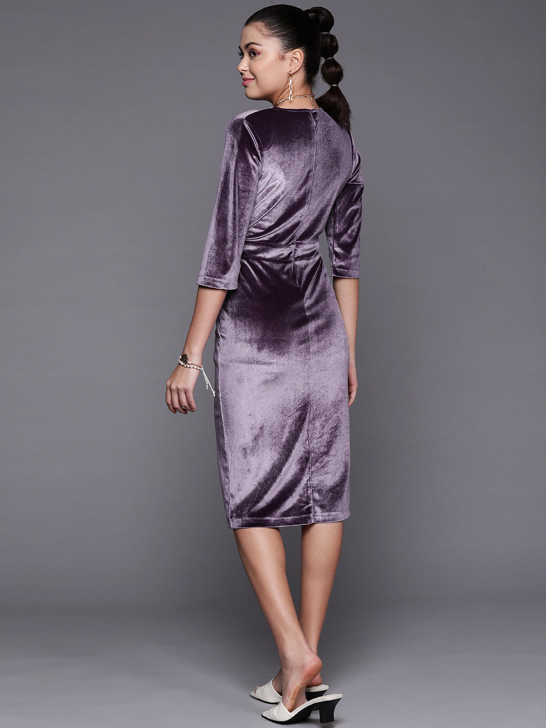 Women Purple Velvet Front Slit Bodycon Midi Dress