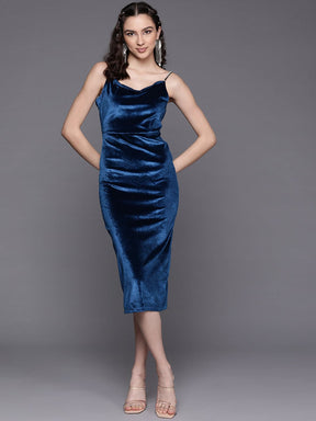 Blue Velvet Cowl Neck Bodycon Dress-SASSAFRAS