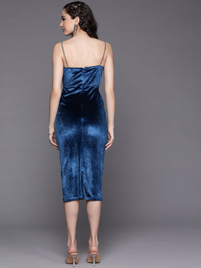 Women Blue Velvet Cowl Neck Bodycon Dress