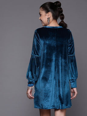 Women Blue Velvet Full Slevees Loose Fit Dress