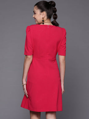 Women Fuchsia Shimmer Square Neck A-Line Belted Dress
