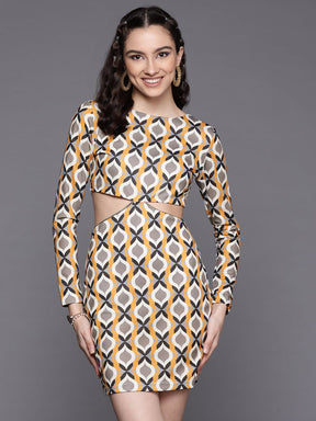 Mustard Geometric Side Cut Out Dress-SASSAFRAS