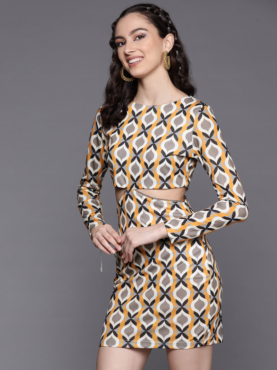 Women Mustard Geometric Side Cut Out Dress