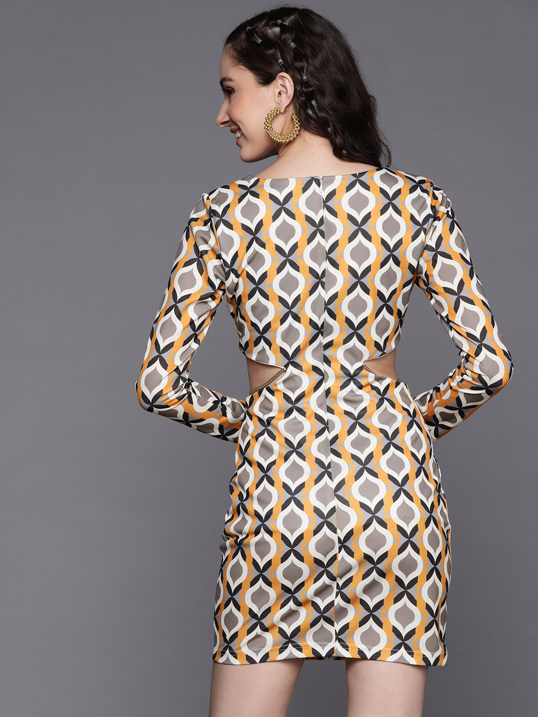 Women Mustard Geometric Side Cut Out Dress