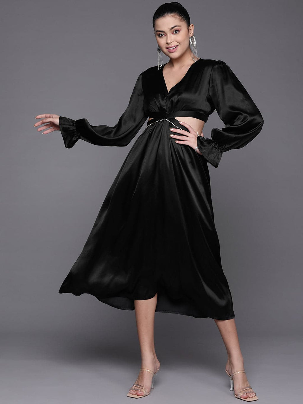 Nala Midi Dress In Black Satin – St Frock