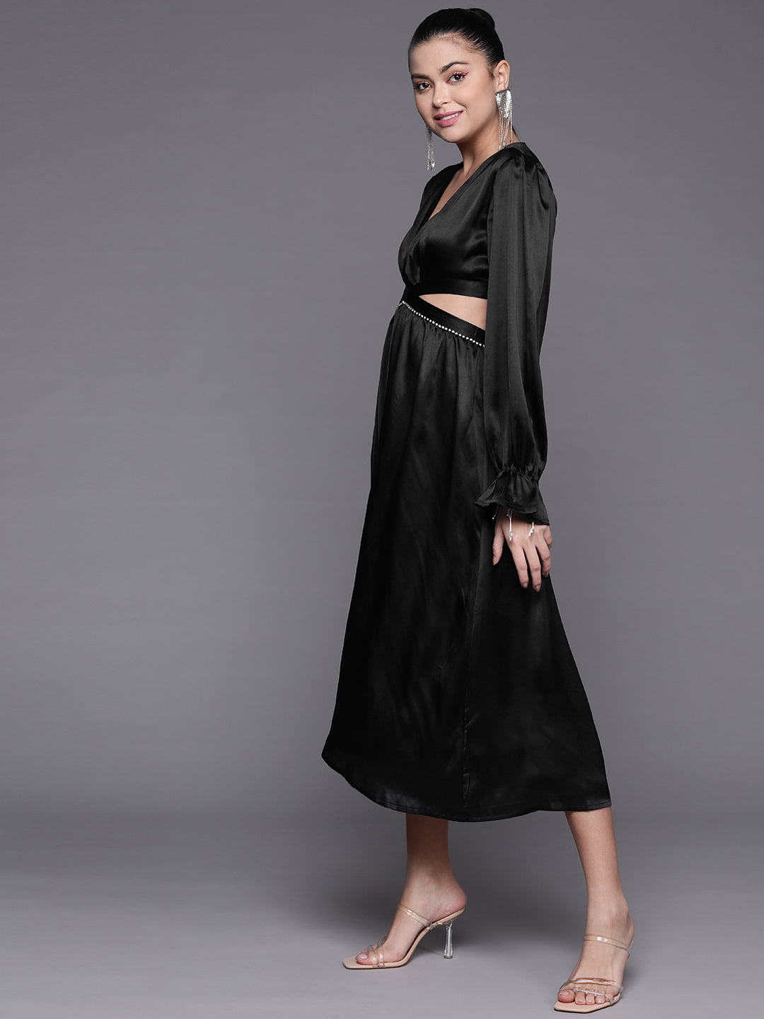 Buy Women Black Satin Cut Out Midi Dress Online at Best Price