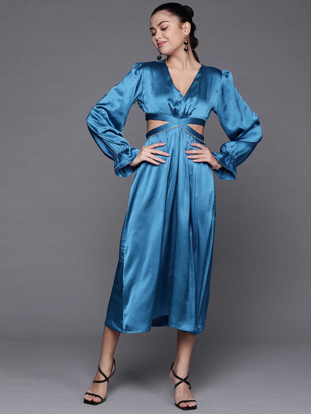 Blue Satin Cut Out Midi Dress-SASSAFRAS