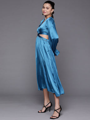 Women Blue Satin Cut Out Midi Dress