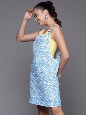 Women Blue Abstract Print Twill Pinafore