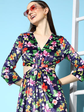 Navy Floral Velvet Side Cut-Out Midi Dress-SASSAFRAS