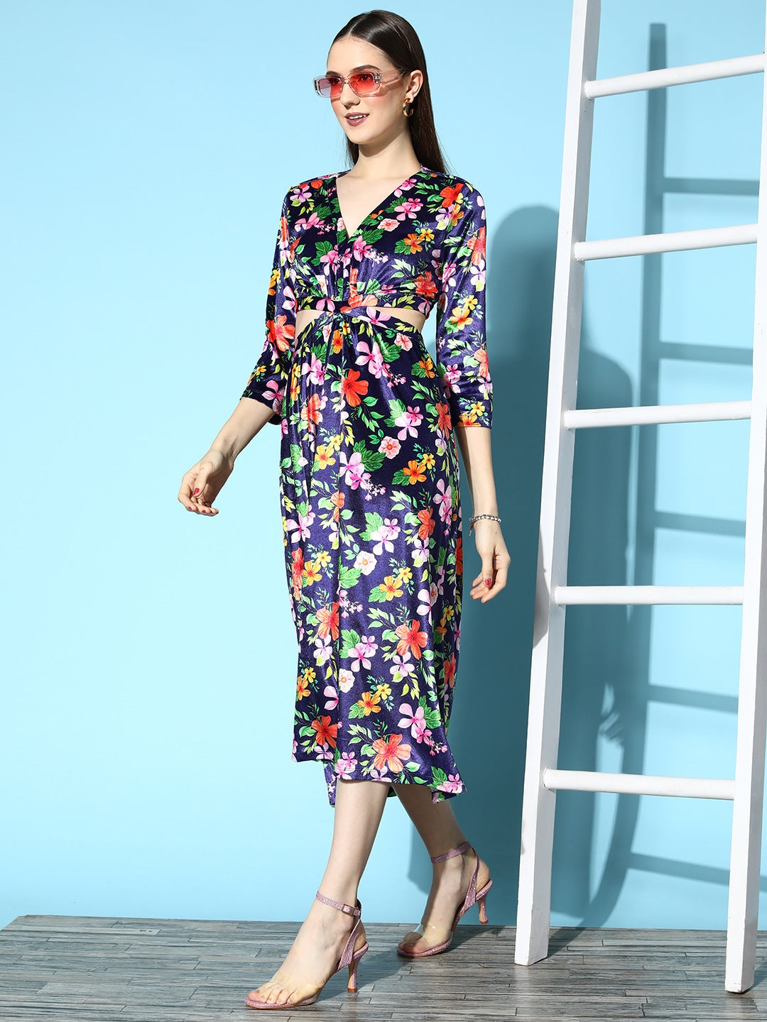 Women Navy Floral Velvet Side Cut-Out Midi Dress