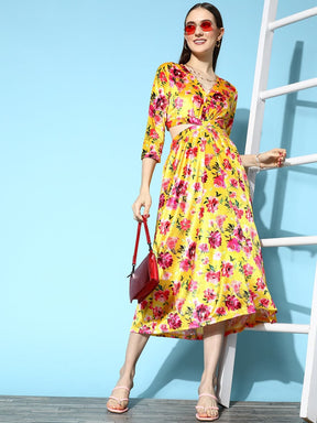 Yellow Floral Velvet Side Cut-Out Midi Dress-SASSAFRAS