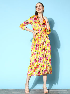 Women Yellow Floral Velvet Side Cut-Out Midi Dress