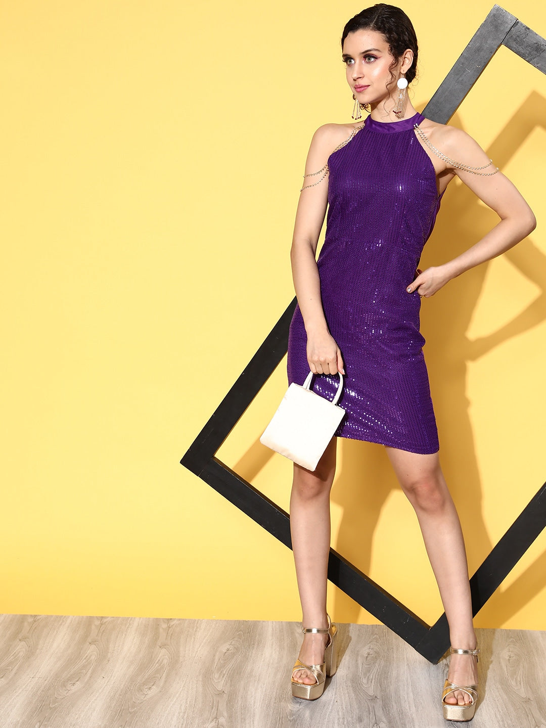 Women Purple Sequins Short Halter Neck Dress