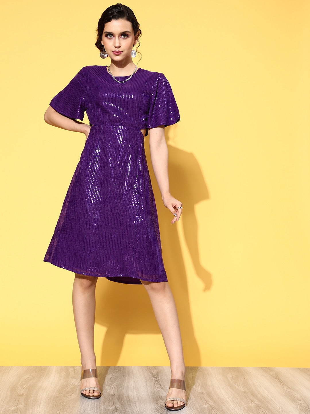 Women Purple Sequins Side Cut Out Midi Dress