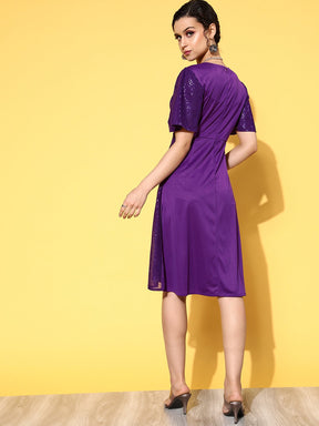 Women Purple Sequins Side Cut Out Midi Dress