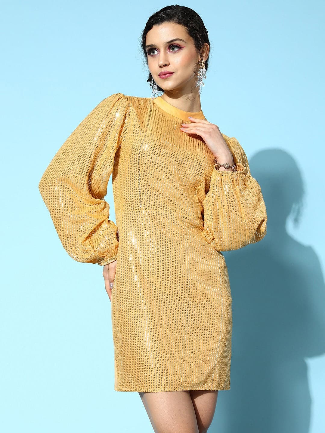 Gold Sequin Puff Sleeves Bodycon Dress-SASSAFRAS