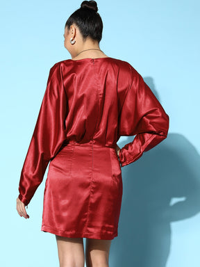 Women Red Lycra Satin Kimono Sleeves Dress