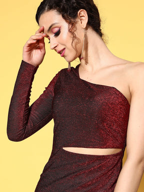 Women Red Lurex Waist Cut-Out One Shoulder Midi Dress