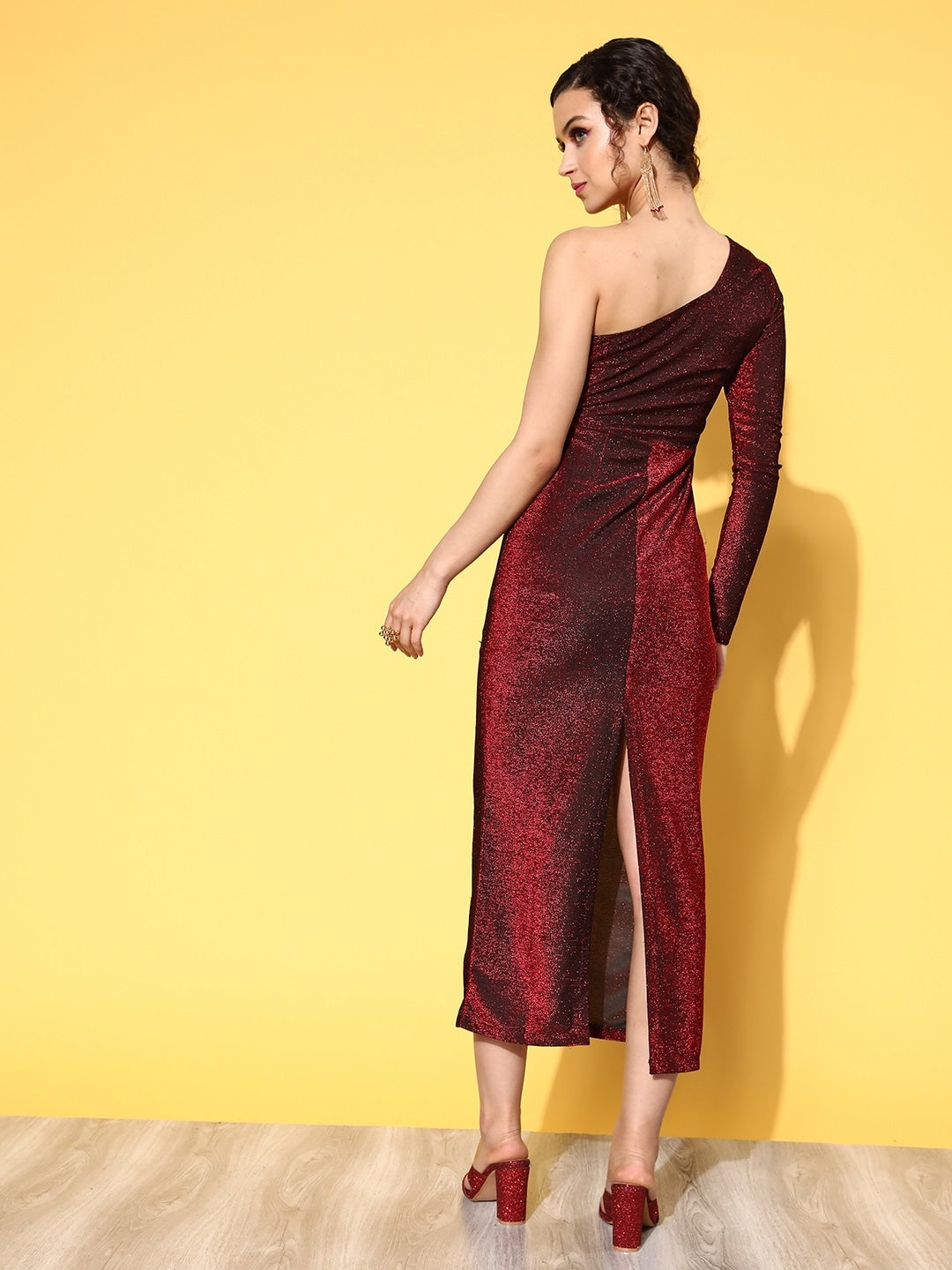 Women Red Lurex Waist Cut-Out One Shoulder Midi Dress