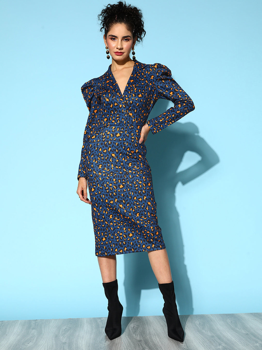 Navy Cheetah Scuba Wrap Bodycon Midi Dress-SASSAFRAS