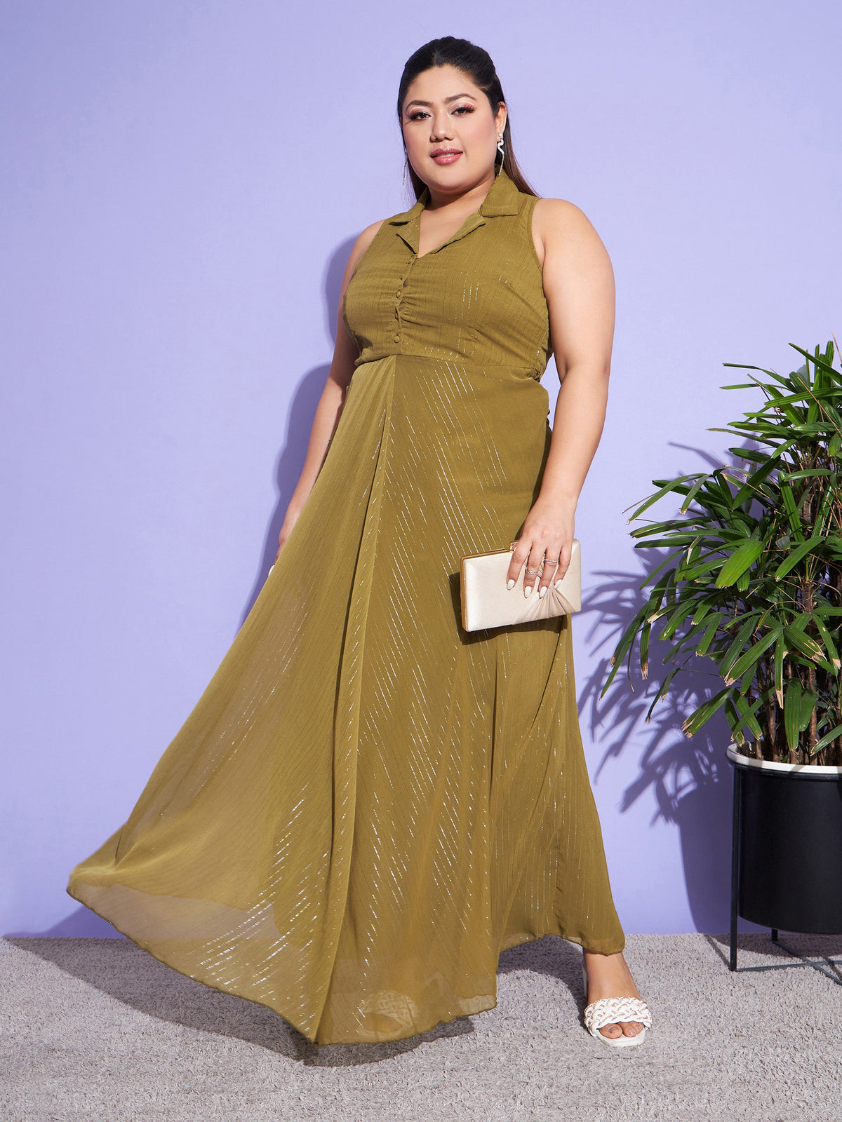 Green Chiffon Lurex Notched Collar Maxi Dress-SASSAFRAS Curve